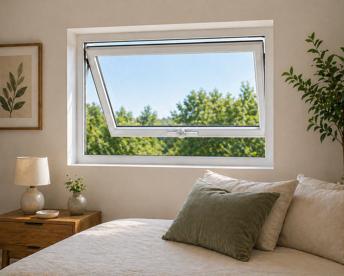 uPVC awning windows in Coimbatore — top-hinged design allows ventilation during monsoon rain, ideal for bathrooms and kitchens in Tamil Nadu